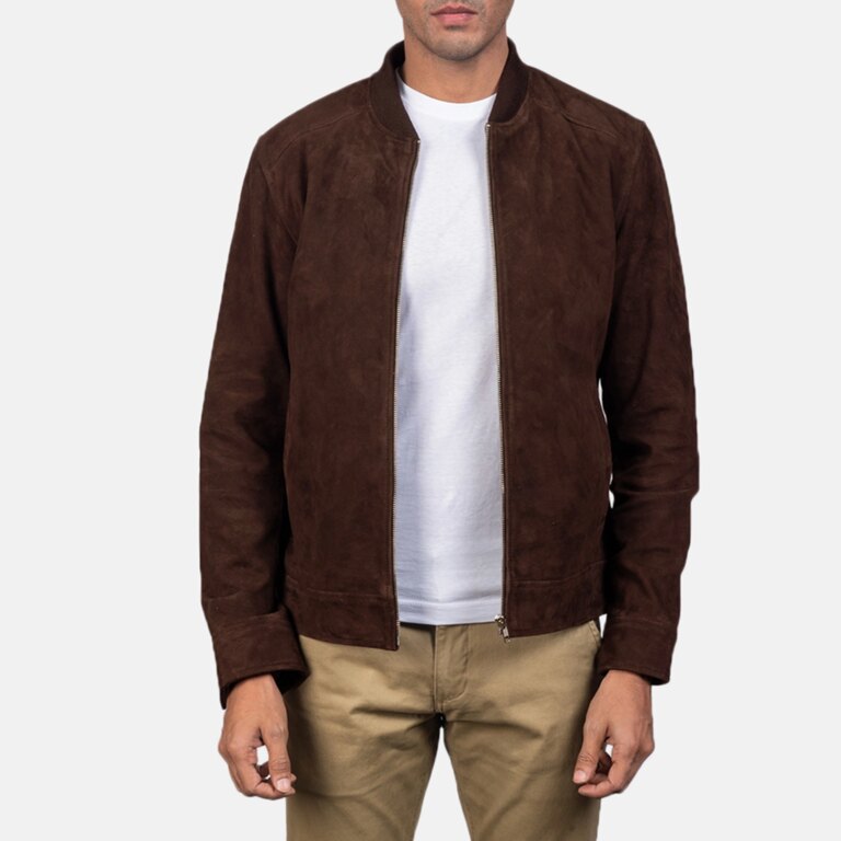 Mens Blain Mocha Suede Bomber Jacket Open Front-3-1720094875828